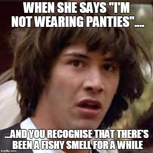 Conspiracy Keanu Meme | WHEN SHE SAYS "I'M NOT WEARING PANTIES".... ...AND YOU RECOGNISE THAT THERE'S BEEN A FISHY SMELL FOR A WHILE | image tagged in memes,conspiracy keanu | made w/ Imgflip meme maker