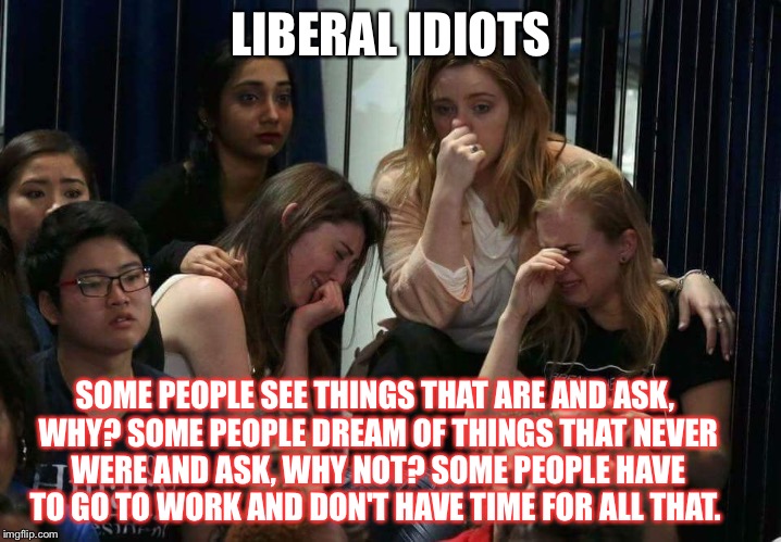 Liberal Tears | LIBERAL IDIOTS; SOME PEOPLE SEE THINGS THAT ARE AND ASK, WHY? SOME PEOPLE DREAM OF THINGS THAT NEVER WERE AND ASK, WHY NOT? SOME PEOPLE HAVE TO GO TO WORK AND DON'T HAVE TIME FOR ALL THAT. | image tagged in liberal tears | made w/ Imgflip meme maker