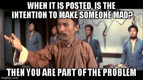 Kung Pow | WHEN IT IS POSTED, IS THE INTENTION TO MAKE SOMEONE MAD? THEN YOU ARE PART OF THE PROBLEM | image tagged in kung pow | made w/ Imgflip meme maker