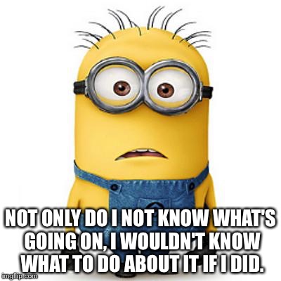 Minions | NOT ONLY DO I NOT KNOW WHAT'S GOING ON, I WOULDN'T KNOW WHAT TO DO ABOUT IT IF I DID. | image tagged in minions | made w/ Imgflip meme maker