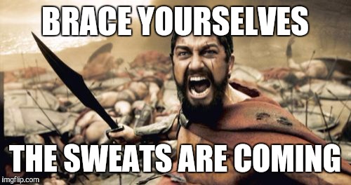 Sparta Leonidas | BRACE YOURSELVES; THE SWEATS ARE COMING | image tagged in memes,sparta leonidas | made w/ Imgflip meme maker