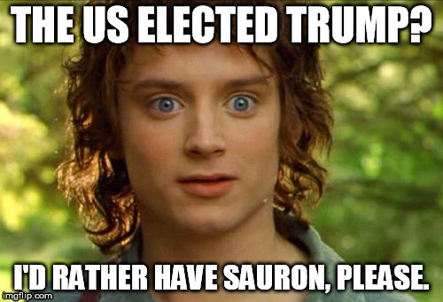 Surpised Frodo Meme | THE US ELECTED TRUMP? I'D RATHER HAVE SAURON, PLEASE. | image tagged in memes,surpised frodo | made w/ Imgflip meme maker