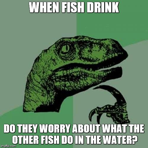 Philosoraptor | WHEN FISH DRINK; DO THEY WORRY ABOUT WHAT THE OTHER FISH DO IN THE WATER? | image tagged in memes,philosoraptor | made w/ Imgflip meme maker