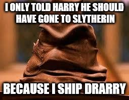 Harry Potter Sorting Hat | I ONLY TOLD HARRY HE SHOULD HAVE GONE TO SLYTHERIN; BECAUSE I SHIP DRARRY | image tagged in harry potter sorting hat | made w/ Imgflip meme maker