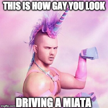 Unicorn MAN Meme | THIS IS HOW GAY YOU LOOK; DRIVING A MIATA | image tagged in memes,unicorn man | made w/ Imgflip meme maker