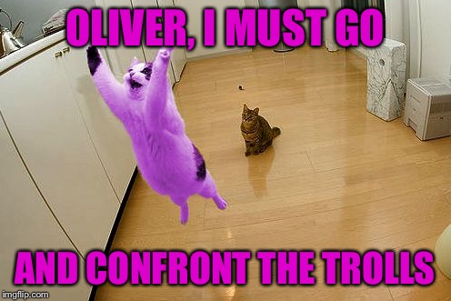 RayCat save the world | OLIVER, I MUST GO AND CONFRONT THE TROLLS | image tagged in raycat save the world | made w/ Imgflip meme maker