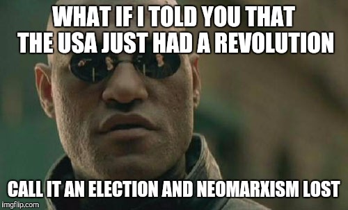 Matrix Morpheus Meme | WHAT IF I TOLD YOU THAT THE USA JUST HAD A REVOLUTION; CALL IT AN ELECTION AND NEOMARXISM LOST | image tagged in memes,matrix morpheus | made w/ Imgflip meme maker