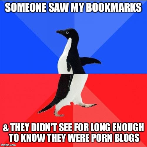 Socially Awkward Awesome Penguin Meme | SOMEONE SAW MY BOOKMARKS; & THEY DIDN'T SEE FOR LONG ENOUGH TO KNOW THEY WERE PORN BLOGS | image tagged in memes,socially awkward awesome penguin,bookmarks,browser history | made w/ Imgflip meme maker