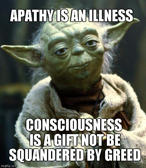 Star Wars Yoda Meme | APATHY IS AN ILLNESS; CONSCIOUSNESS IS A GIFT NOT BE SQUANDERED BY GREED | image tagged in memes,star wars yoda | made w/ Imgflip meme maker