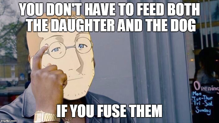 roll safe Tucker | YOU DON'T HAVE TO FEED BOTH THE DAUGHTER AND THE DOG; IF YOU FUSE THEM | image tagged in full metal alchemist,fma,meme,roll safe think about it,memes,anime | made w/ Imgflip meme maker