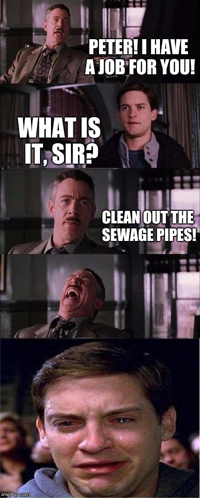 Peter Parker Cry | PETER! I HAVE A JOB FOR YOU! WHAT IS IT, SIR? CLEAN OUT THE SEWAGE PIPES! | image tagged in memes,peter parker cry | made w/ Imgflip meme maker