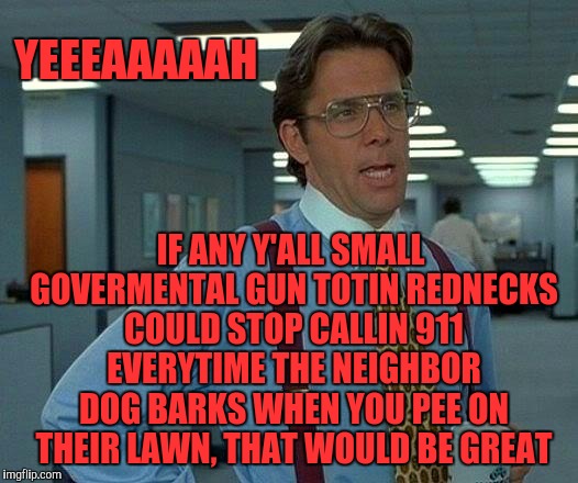 That Would Be Great | YEEEAAAAAH; IF ANY Y'ALL SMALL GOVERMENTAL GUN TOTIN REDNECKS COULD STOP CALLIN 911 EVERYTIME THE NEIGHBOR DOG BARKS WHEN YOU PEE ON THEIR LAWN, THAT WOULD BE GREAT | image tagged in memes,that would be great | made w/ Imgflip meme maker