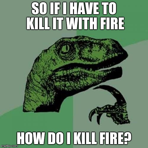 Philosoraptor | SO IF I HAVE TO KILL IT WITH FIRE; HOW DO I KILL FIRE? | image tagged in memes,philosoraptor | made w/ Imgflip meme maker