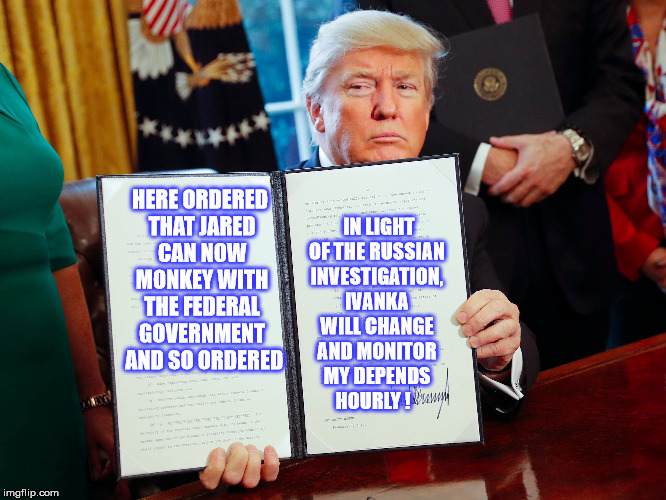 Madman's Orders | IN LIGHT OF THE RUSSIAN INVESTIGATION, IVANKA WILL CHANGE AND MONITOR MY DEPENDS HOURLY ! HERE ORDERED THAT JARED CAN NOW MONKEY WITH THE FEDERAL GOVERNMENT  AND SO ORDERED | image tagged in donald trump,trump executive orders | made w/ Imgflip meme maker