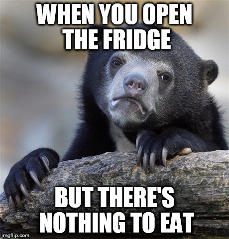 Confession Bear Meme | WHEN YOU OPEN THE FRIDGE; BUT THERE'S NOTHING TO EAT | image tagged in memes,confession bear | made w/ Imgflip meme maker
