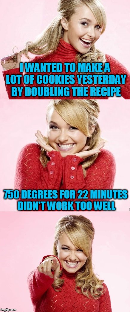 Hayden Red Pun | I WANTED TO MAKE A LOT OF COOKIES YESTERDAY BY DOUBLING THE RECIPE 750 DEGREES FOR 22 MINUTES DIDN'T WORK TOO WELL | image tagged in hayden red pun | made w/ Imgflip meme maker