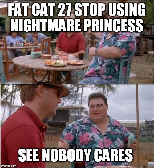 See Nobody Cares | FAT CAT 27 STOP USING NIGHTMARE PRINCESS; SEE NOBODY CARES | image tagged in memes,see nobody cares | made w/ Imgflip meme maker