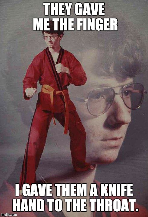 Karate Kyle | THEY GAVE ME THE FINGER; I GAVE THEM A KNIFE HAND TO THE THROAT. | image tagged in memes,karate kyle | made w/ Imgflip meme maker