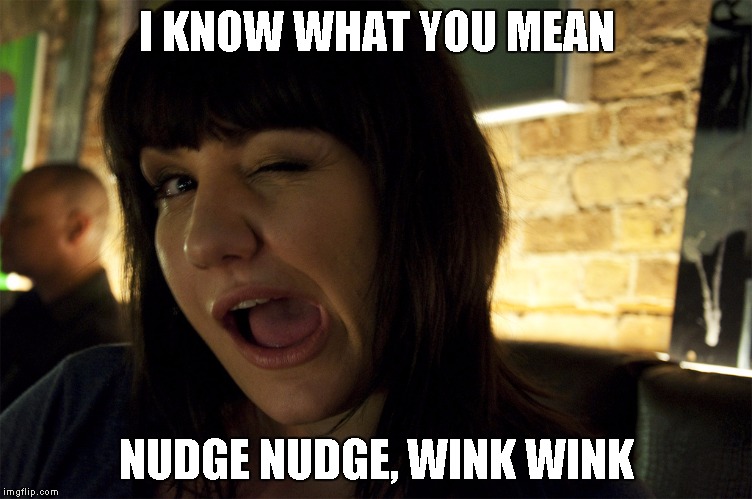 Wink | I KNOW WHAT YOU MEAN NUDGE NUDGE, WINK WINK | image tagged in wink | made w/ Imgflip meme maker