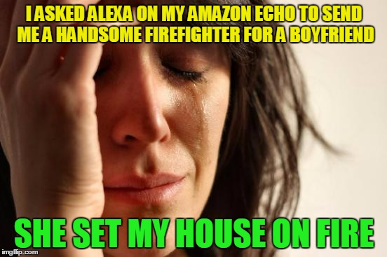 problem solved! (thanks to Adjusted for the meme that inspired this) | I ASKED ALEXA ON MY AMAZON ECHO TO SEND ME A HANDSOME FIREFIGHTER FOR A BOYFRIEND; SHE SET MY HOUSE ON FIRE | image tagged in memes,first world problems,technology | made w/ Imgflip meme maker