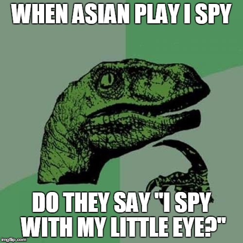 Philosoraptor | WHEN ASIAN PLAY I SPY; DO THEY SAY "I SPY WITH MY LITTLE EYE?" | image tagged in memes,philosoraptor,asian,i spy,game | made w/ Imgflip meme maker