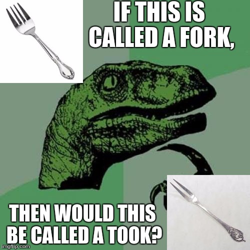 just sayin' | IF THIS IS CALLED A FORK, THEN WOULD THIS BE CALLED A TOOK? | image tagged in memes,philosoraptor | made w/ Imgflip meme maker