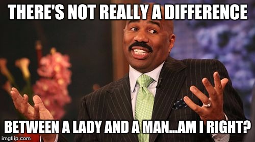 Steve Harvey | THERE'S NOT REALLY A DIFFERENCE; BETWEEN A LADY AND A MAN...AM I RIGHT? | image tagged in memes,steve harvey | made w/ Imgflip meme maker