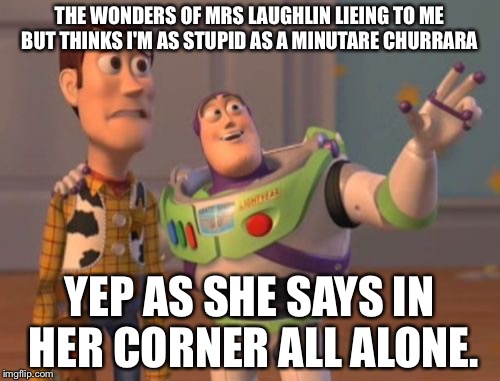 X, X Everywhere Meme | THE WONDERS OF MRS LAUGHLIN LIEING TO ME BUT THINKS I'M AS STUPID AS A MINUTARE CHURRARA; YEP AS SHE SAYS IN HER CORNER ALL ALONE. | image tagged in memes,x x everywhere | made w/ Imgflip meme maker