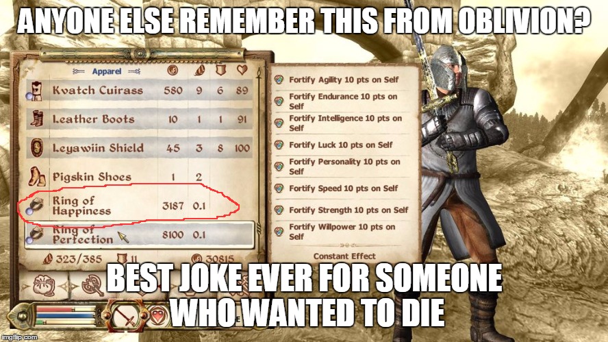 ANYONE ELSE REMEMBER THIS FROM OBLIVION? BEST JOKE EVER FOR SOMEONE WHO WANTED TO DIE | image tagged in oblivion | made w/ Imgflip meme maker