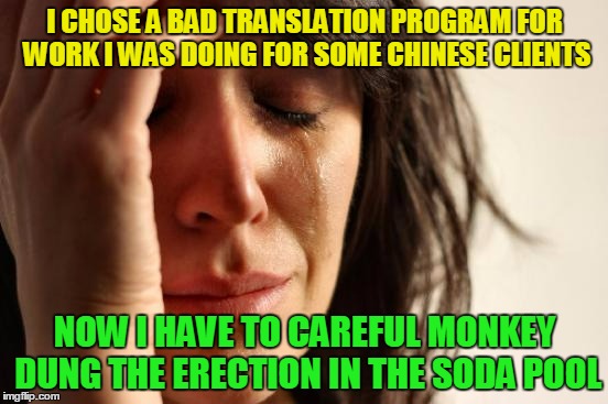 and the peaceful grass has fallen in the nose! | I CHOSE A BAD TRANSLATION PROGRAM FOR WORK I WAS DOING FOR SOME CHINESE CLIENTS; NOW I HAVE TO CAREFUL MONKEY DUNG THE ERECTION IN THE SODA POOL | image tagged in memes,first world problems,technology,translation | made w/ Imgflip meme maker