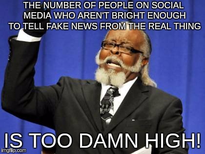 Too Damn High Meme | THE NUMBER OF PEOPLE ON SOCIAL MEDIA WHO AREN'T BRIGHT ENOUGH TO TELL FAKE NEWS FROM THE REAL THING; IS TOO DAMN HIGH! | image tagged in memes,too damn high | made w/ Imgflip meme maker