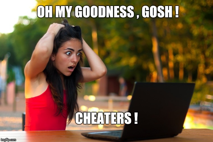 Laptop Girl | OH MY GOODNESS , GOSH ! CHEATERS ! | image tagged in laptop girl | made w/ Imgflip meme maker