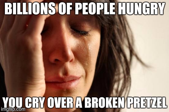 First World Problems | BILLIONS OF PEOPLE HUNGRY; YOU CRY OVER A BROKEN PRETZEL | image tagged in memes,first world problems | made w/ Imgflip meme maker