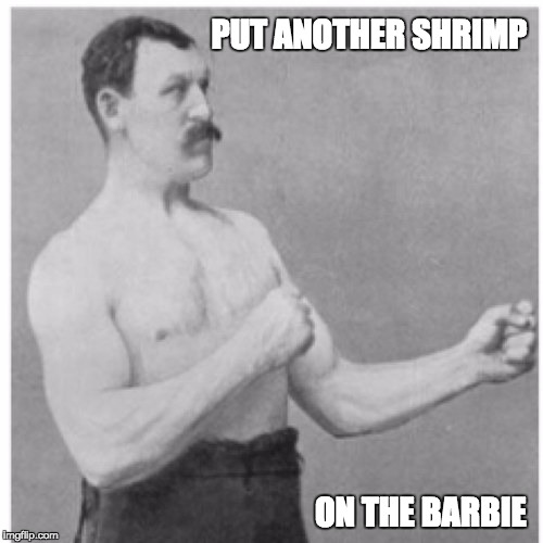 Overly Manly Man Meme | PUT ANOTHER SHRIMP; ON THE BARBIE | image tagged in memes,overly manly man | made w/ Imgflip meme maker