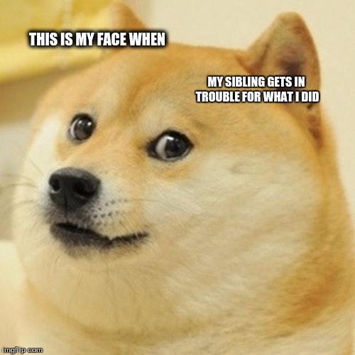 Doge Meme | THIS IS MY FACE WHEN; MY SIBLING GETS IN TROUBLE FOR WHAT I DID | image tagged in memes,doge | made w/ Imgflip meme maker