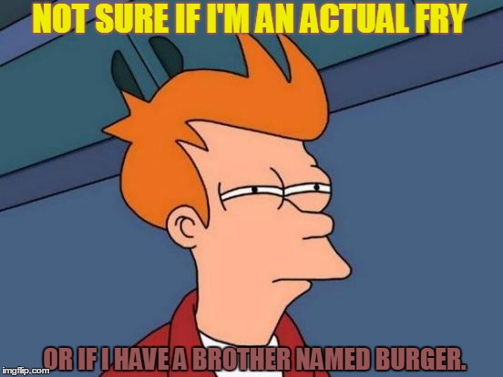 Futurama Fry Meme | NOT SURE IF I'M AN ACTUAL FRY; OR IF I HAVE A BROTHER NAMED BURGER. | image tagged in memes,futurama fry | made w/ Imgflip meme maker