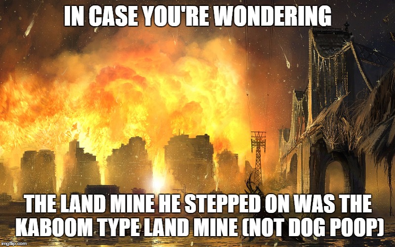 Dang it | IN CASE YOU'RE WONDERING THE LAND MINE HE STEPPED ON WAS THE KABOOM TYPE LAND MINE (NOT DOG POOP) | image tagged in dang it | made w/ Imgflip meme maker