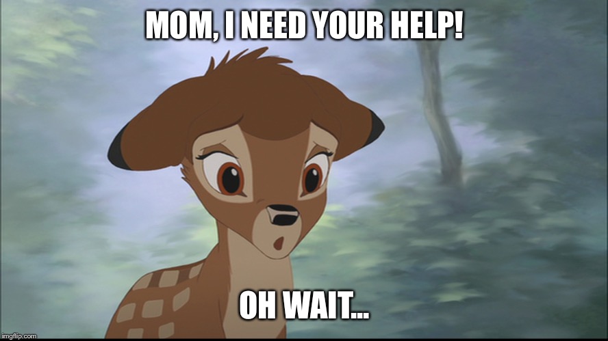 Pretty much a lot of Disney characters in a nutshell | MOM, I NEED YOUR HELP! OH WAIT... | image tagged in disney,bambi,dead mother | made w/ Imgflip meme maker