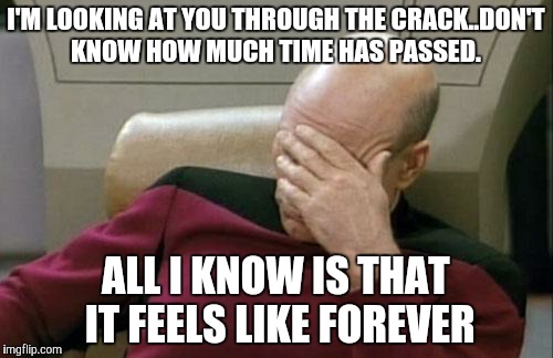 Captain Picard Facepalm Meme | I'M LOOKING AT YOU THROUGH THE CRACK..DON'T KNOW HOW MUCH TIME HAS PASSED. ALL I KNOW IS THAT IT FEELS LIKE FOREVER | image tagged in memes,captain picard facepalm | made w/ Imgflip meme maker
