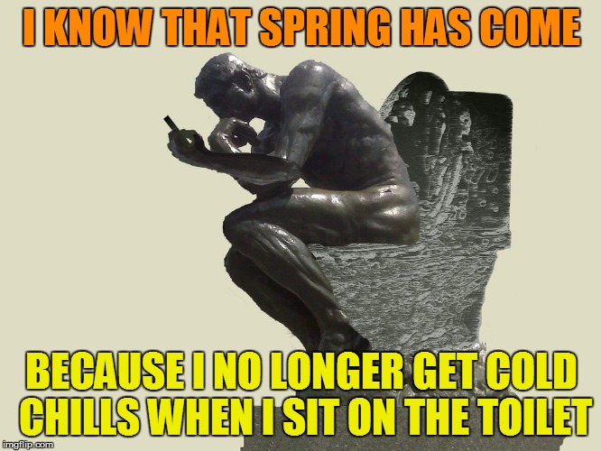 This joke does not apply to whomever may have central heating | I KNOW THAT SPRING HAS COME; BECAUSE I NO LONGER GET COLD CHILLS WHEN I SIT ON THE TOILET | image tagged in memes,toilet seat,springtime,spring | made w/ Imgflip meme maker