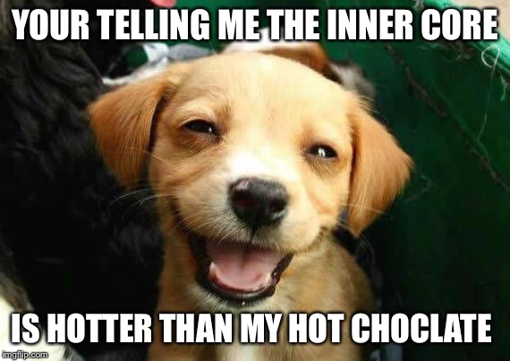 dogsmile2 | YOUR TELLING ME THE INNER CORE; IS HOTTER THAN MY HOT CHOCLATE | image tagged in dogsmile2 | made w/ Imgflip meme maker
