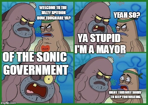 Welcome to the Salty Spitoon... | WELCOME TO THE SALTY SPITOON HOW TOUGH ARE YA? YEAH SO? YA STUPID I'M A MAYOR; OF THE SONIC GOVERNMENT; RIGHT THIS WAY SORRY TO KEEP YOU WAITING | image tagged in welcome to the salty spitoon | made w/ Imgflip meme maker