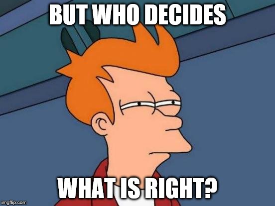 Futurama Fry Meme | BUT WHO DECIDES WHAT IS RIGHT? | image tagged in memes,futurama fry | made w/ Imgflip meme maker