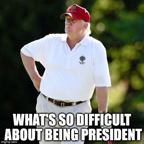 Trump golf relax | WHAT'S SO DIFFICULT ABOUT BEING PRESIDENT | image tagged in trump golf relax | made w/ Imgflip meme maker