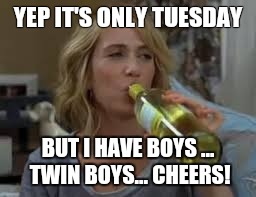 white wine | YEP IT'S ONLY TUESDAY; BUT I HAVE BOYS ... TWIN BOYS... CHEERS! | image tagged in white wine | made w/ Imgflip meme maker