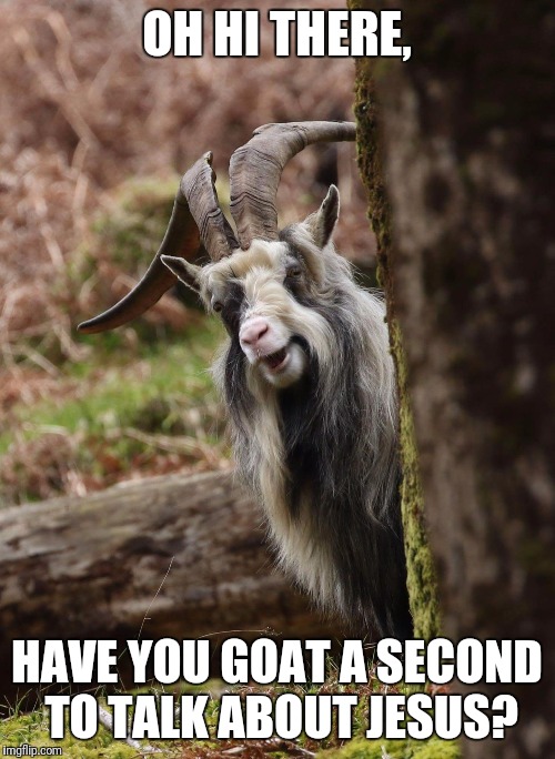 Bad pun Billy | OH HI THERE, HAVE YOU GOAT A SECOND TO TALK ABOUT JESUS? | image tagged in bad pun,goat memes,goats,goat | made w/ Imgflip meme maker