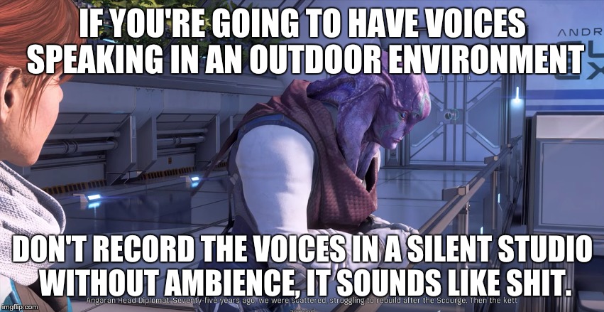 IF YOU'RE GOING TO HAVE VOICES SPEAKING IN AN OUTDOOR ENVIRONMENT; DON'T RECORD THE VOICES IN A SILENT STUDIO WITHOUT AMBIENCE, IT SOUNDS LIKE SHIT. | image tagged in gaming | made w/ Imgflip meme maker