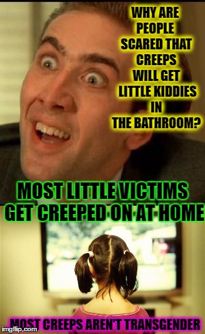It's Not Bathrooms To Worry About | WHY ARE PEOPLE  SCARED THAT CREEPS WILL GET  LITTLE KIDDIES IN THE BATHROOM? MOST LITTLE VICTIMS GET CREEPED ON AT HOME; ..MOST CREEPS AREN'T TRANSGENDER | image tagged in transgender bathroom,child abuse,liberal vs conservative,childhood memories,lgbtq,bigotry | made w/ Imgflip meme maker