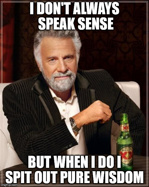 The Most Interesting Man In The World Meme | I DON'T ALWAYS SPEAK SENSE; BUT WHEN I DO I SPIT OUT PURE WISDOM | image tagged in memes,the most interesting man in the world | made w/ Imgflip meme maker