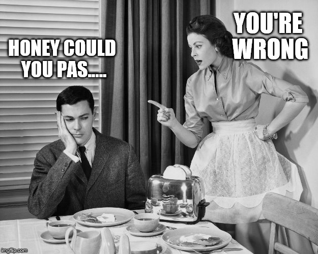Nag Marrage | HONEY COULD YOU PAS..... YOU'RE WRONG | image tagged in nag marrage | made w/ Imgflip meme maker